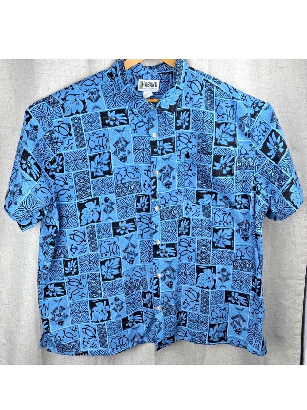 Haband Blue Hawaiian Short Sleeve Shirt Mens 3X Blue Black Graphic Tribal Turtle